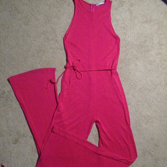 ZARA High Neck Sleeveless Ribbed Fuchsia Jumpsuit - Picture 2 of 9